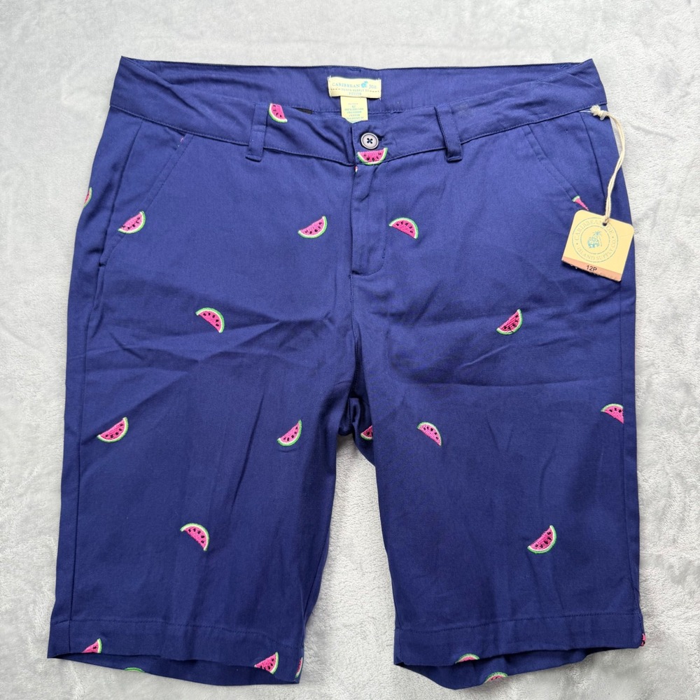 Caribbean Joe Womens Blue Watermelon Embroidered Chino Shorts Size 12P NWT